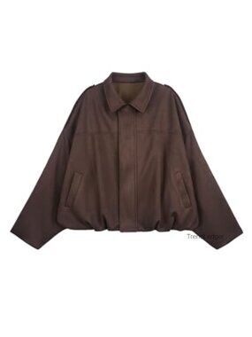 Faux Suede Cropped Bomber Jacket Pilot Lapel Zip Up Oversized Casual Outwear